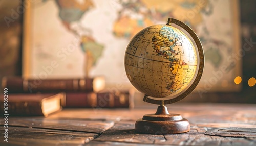 Vintage globe on wooden table with maps