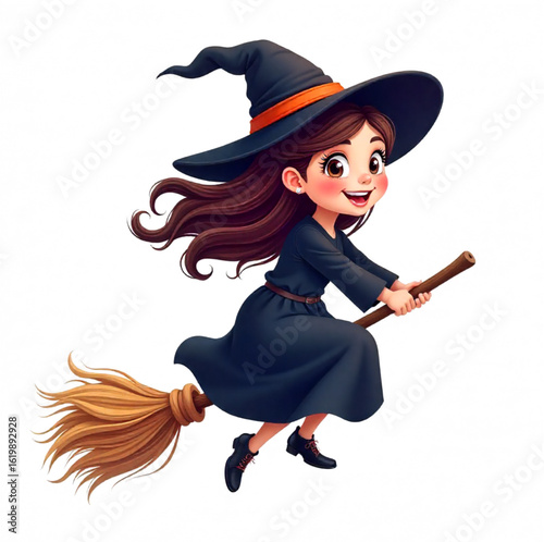 A witch dressed in black flies on a broomstick during Halloween