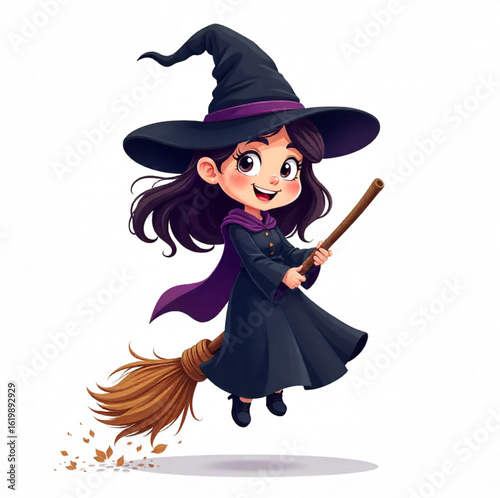 A witch dressed in black flies on a broomstick during Halloween