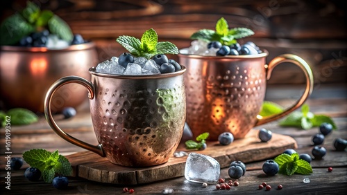 Photo of two refreshing moscow mule cocktails in copper mugs, garnished with fresh mint and blueberries, served on a rustic wooden table