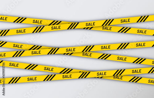 Banner with border for sale. Flyer for promotion with yellow tapes. Big Sale warning ribbon. Yellow ribbons with black stripes and discount text. Graphic element