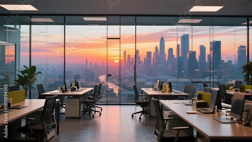 Modern office space with desks and computers, overlooking a city skyline at sunset.