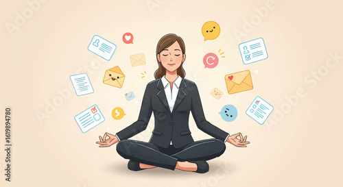 Businesswoman in lotus position surrounded by emails, messages, and office icons