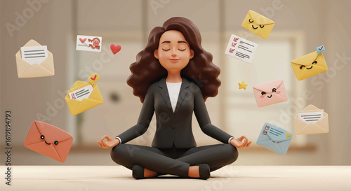 Cartoon business woman meditates amidst a flurry of digital communications icons