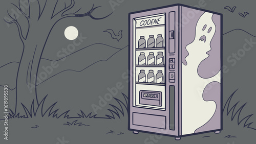 A spooky vending machine dispensing mysterious bottles under a full moon with bats flying in the eerie nighttime landscape