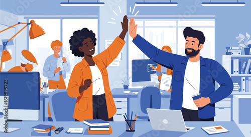 A diverse team of professionals celebrate success with a high five gesture