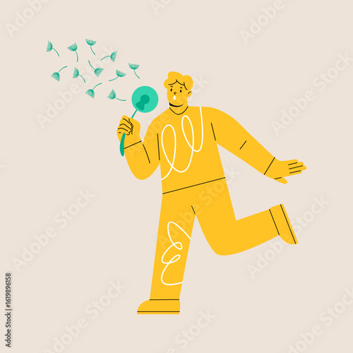 Man blowing dandelions. Colorful vector illustration
