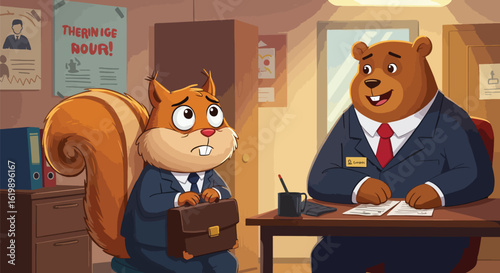 Squirrel Applicant is nervously Interviewed by a Business Bear in the Office
