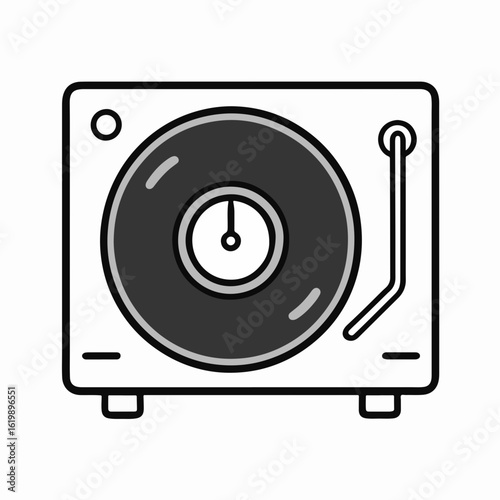 Vintage record player illustration with turntable design and vinyl record in center. Record player features intuitive controls and classic styling,