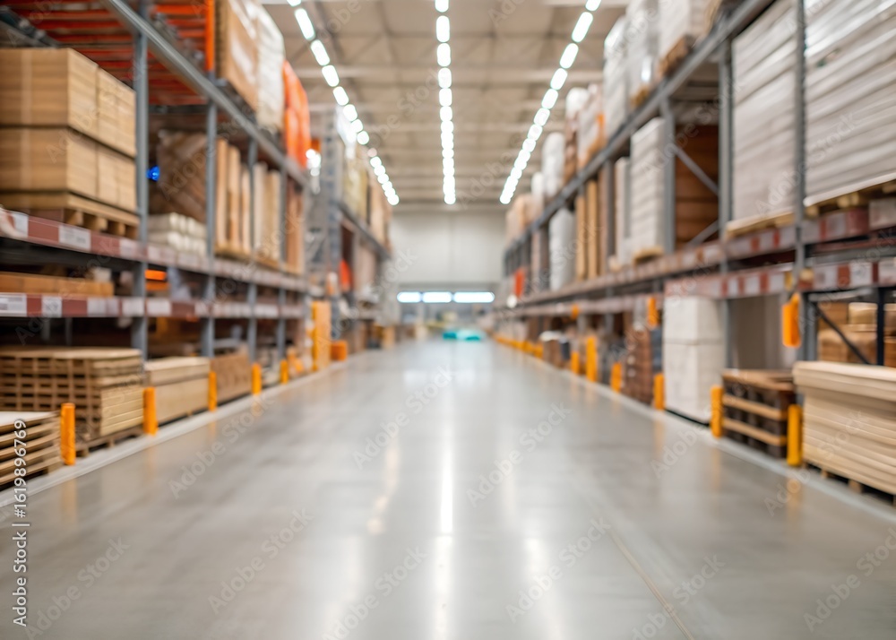 Large home improvement store interior with blurred aisles showcasing stocked building materials and insulation for construction projects Large home improvement store interior with blurred aisles showcasing stocked building materials and insulation for construction projects