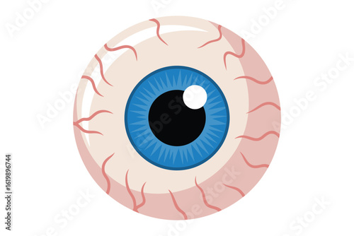 Close up of a realistic human eyeball with blue iris and red veins