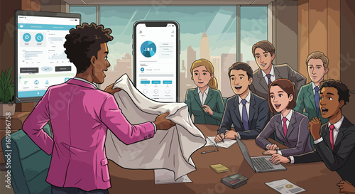 A group of business people gathered around a table for presentation