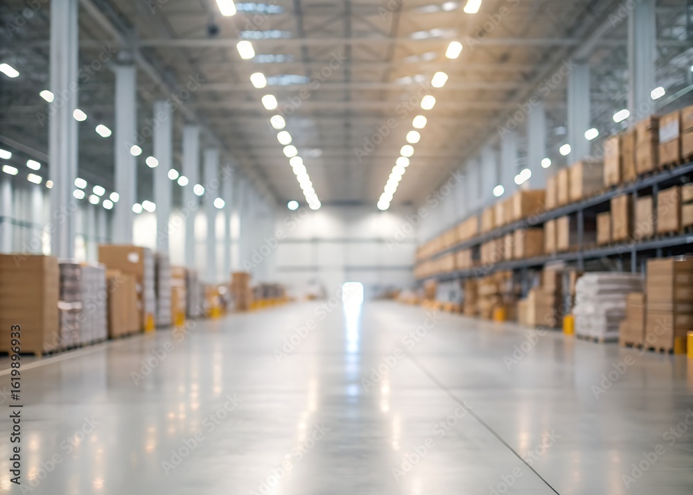 Obraz premium A stunning image of blur warehouse factory storage background, Shipping merchandise in warehouse storage room background, Blur factory and products with bokeh light backdrop.