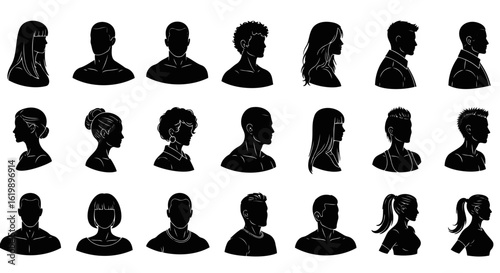 Silhouette vector collection of twenty one silhouette headshots of diverse individuals on transparent background