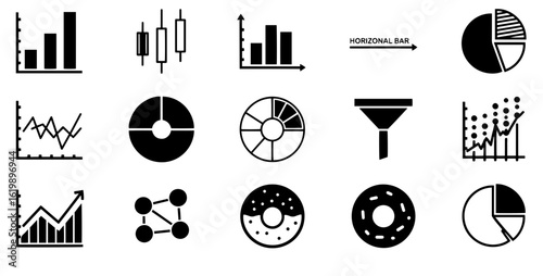 Silhouette vector collection of various data visualization charts and graphs in black color on transparent background