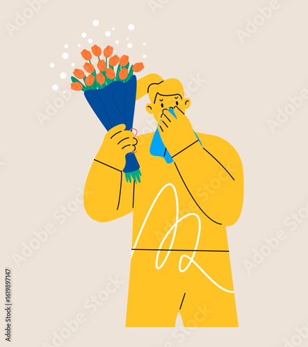 Allergic woman holding bouquet flowers. Problem of allergy concept. Colorful vector illustration