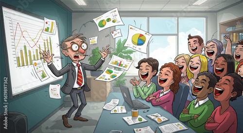 Cartoon of an Unsuccessful Financial Presentation Leading to Uncontrolled Laughter
