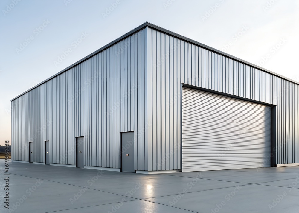 Fototapeta premium Industrial Minimalism A contemporary warehouse with a sleek, corrugated metal facade and a single, large garage door.