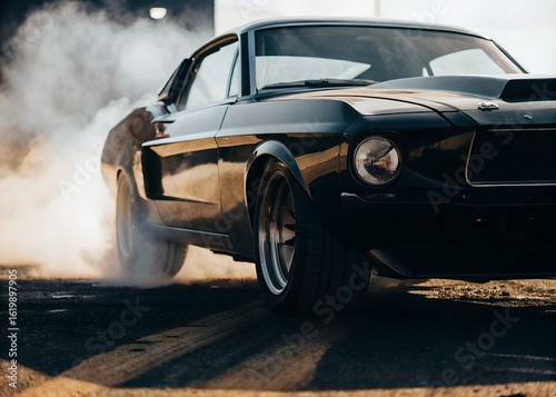 A powerful classic muscle car emits thick smoke as it burns rubber on a racetrack, under the bright sun, exuding raw power and speed.