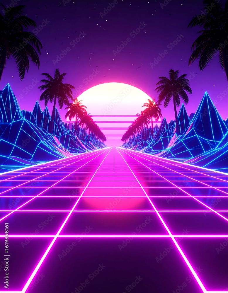 Naklejka premium Neon vibrant landscape road