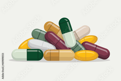 Pile of colorful pharmaceutical capsules and pills on a light background