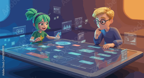 Cartoon children collaborating on data analysis using advanced interactive technology