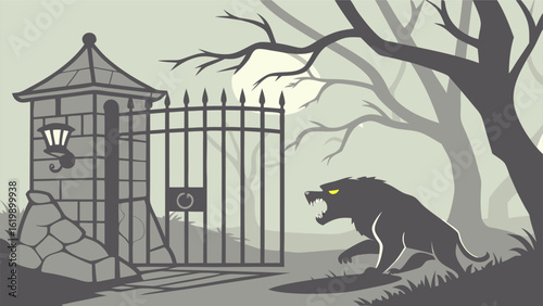 A fearsome werewolf guards a dark spooky gate under a full moon in a shadowy forest creating a chilling halloween scene