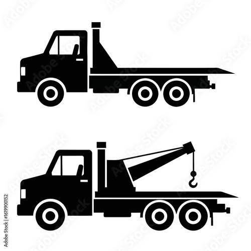 Two black tow trucks one with a flatbed and one with a hook in silhouette