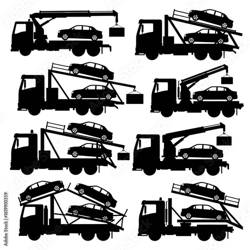Silhouette Collection Car Carrier Trucks with Sedans and Crane Lifting a Box
