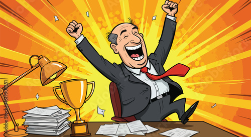 Cartoon of a jubilant businessman winning a trophy, showing success in business