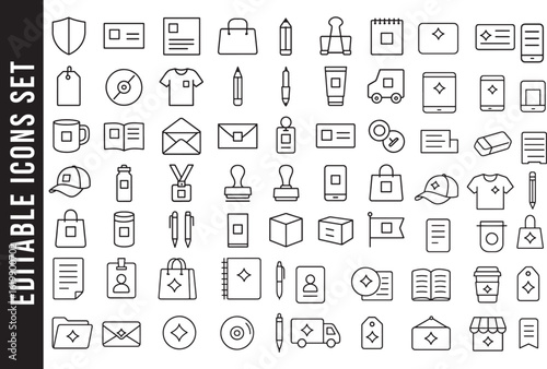 Corporate Brand Identity and Promotional Merchandise Line Icon Set