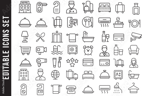 Hotel Services and Hospitality Line Icon Set