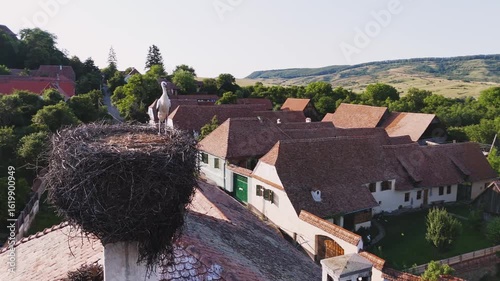 Aerial view of a stork nest in Viscri village, Romania. Viscri Village, famous travel destination in Romania. Authentic village with old houses. Single stork in the nest at sunset. Beautiful landscape