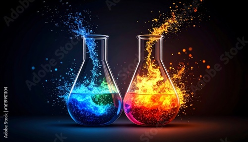 Two beakers with vibrant contrasting liquids