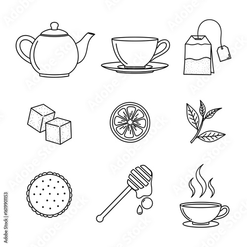 Tea Time Essentials An intricate line art illustration showcasing a variety of tea time essentials. From a teapot, teacup, and teabag, to sugar cubes, lemon slice, tea leaves, a biscuit.