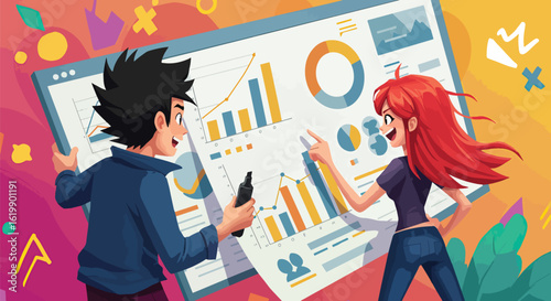 Animated data analysis meeting showcasing dynamic visualizations of statistics and growth