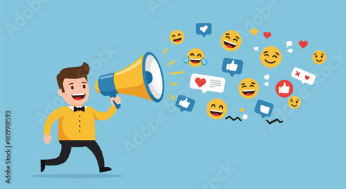 Cartoon man with a megaphone spreading positive messages on social media