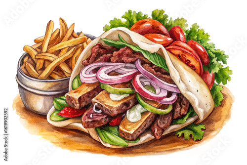 Vector cartoon of Greek gyros served in pita with tzatziki, meat, onions, tomatoes, and fries. Mediterranean street food concept perfect for menus and food banners