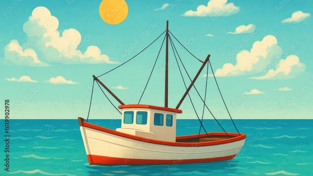 Naklejka premium Serene fishing boat illustration.