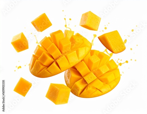 Ripe mango halves sliced into neat cubes, floating mid-air with bright splashes of juice
