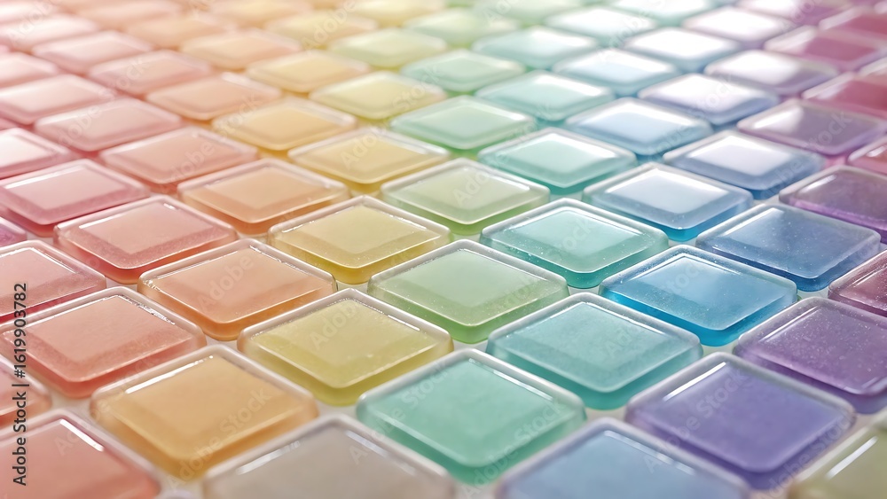Fototapeta premium Close up of a rainbow gradient of translucent square mosaic tiles
