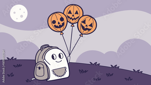 A cute ghost character holding three jack o lantern balloons under a full moon on a spooky halloween night with rolling hills and clouds