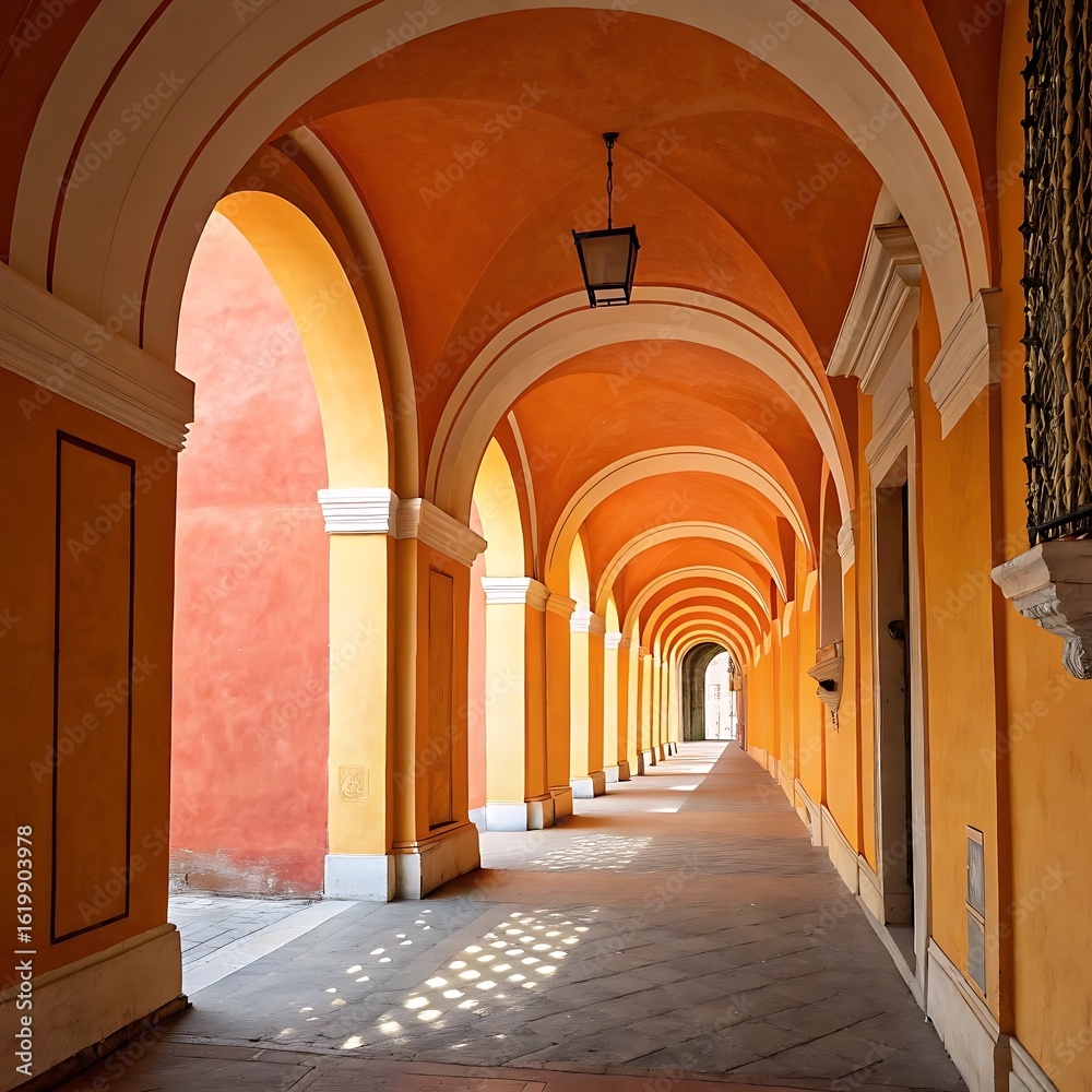 Obraz premium Sunlit arched corridor with warm orange walls