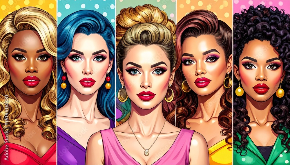 Obraz premium Creative portrait of diverse women in pop-art comic book style, each with unique hairstyle and expression, bold makeup tones
