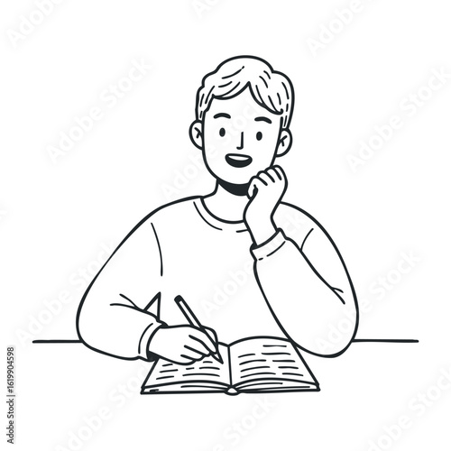 Young asian male writing in notebook with pensive expression. Vector illustration
