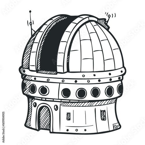 Dome observatory with antennas and circular windows - black and white drawing. Vector illustration