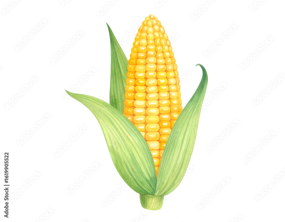 Obraz premium Watercolor Golden Maize: A vivid illustration of a single, ripe corn cob, showcasing its vibrant yellow kernels nestled within lush green husks. A symbol of harvest bounty and natural abundance.