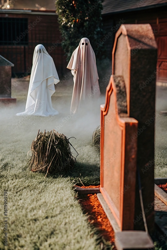 Spooky halloween scene with two ghosts rising from a graveyard with a tombstone and fog Spooky halloween scene with two ghosts rising from a graveyard with a tombstone and fog
