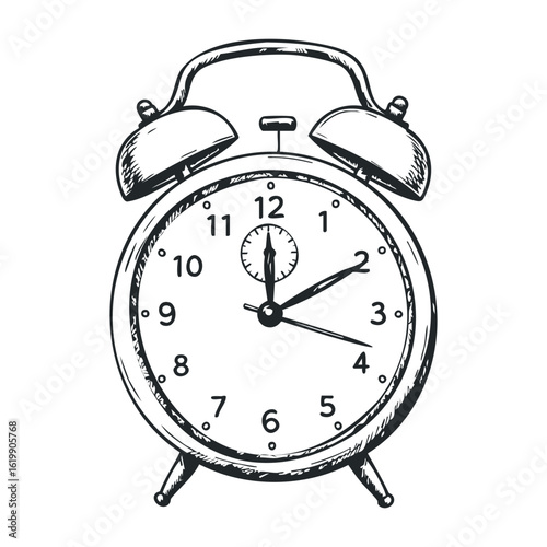 Vintage black and white sketch of a classic alarm clock with bells. Vector illustration