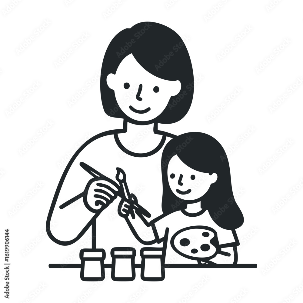 Mother and daughter bonding: caucasian female adult and child painting together. Vector illustration Mother and daughter bonding: caucasian female adult and child painting together. Vector illustration